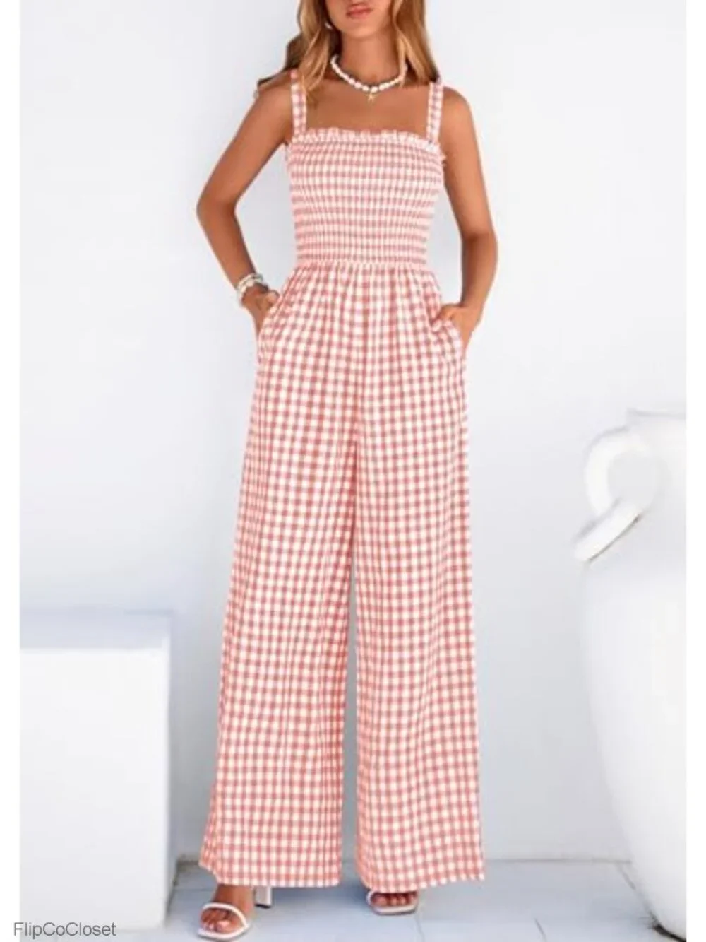 Womens Jumpsuit Summer Wide Leg Gingham Romper Square Neck Sleeveless Smocked